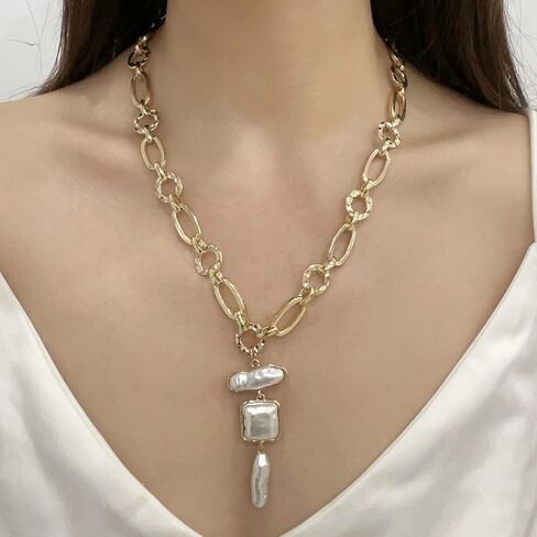 Statement Pearl and Chain Necklace Mixed Chain and Trendy Pearl Choker Organic Pears Heart Pendant Layering Necklace in Saudi Arabia