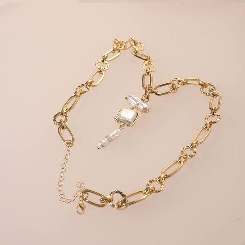 Statement Pearl and Chain Necklace Mixed Chain and Trendy Pearl Choker Organic Pears Heart Pendant Layering Necklace in Saudi Arabia