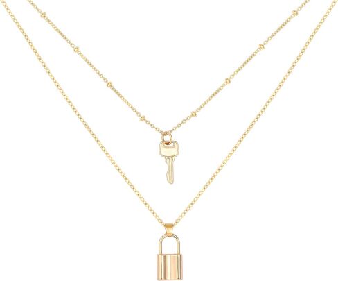 SOFYBJA Dainty 18k الذهب الطبقات بيان القلائد قلادة للنساء صغيرة لطيف قفل مفتاح قلادة شخصية مزدوجة الطبقات سلسلة القلائد للفتيات في سن المراهقة in Kuwait