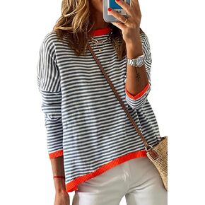 كنزة خريفية نسائية مخططة من Asskdan مصنوعة من القطن وأكمام طويلة كاجوال محبوكة in Kuwait