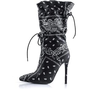 YIYA Sexy Camouflage Pointed Toe Mid-Calf Boots for Women Orange Stiletto High Heels Boots Elastic Lace Up Fabric Stretchy Ankle Booties