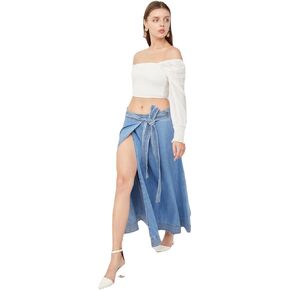 BLUE WHITE ® Blue Women's Casual Wrap Denim Skirt Low Waist Belted Split Front Long Jean Skirts in Saudi Arabia