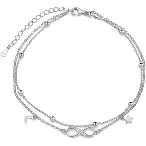 Feeot 925 الفضة الاسترليني الصليب / القلب / اللانهاية / جناح الملاك قابل للتعديل الخلخال أساور هدايا للنساء، الفضة سلسلة مزدوجة مسبحة سوار الكاحل هدية المجوهرات للنساء فتاة