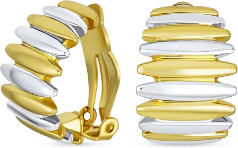 Geometric Modern Shrimp Half Hoop Classic Vertical Stripe Two Tone Dome Clip On Earrings For Women Non Pierced Ears Gold Silver Plated in Saudi Arabia