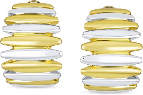 Geometric Modern Shrimp Half Hoop Classic Vertical Stripe Two Tone Dome Clip On Earrings For Women Non Pierced Ears Gold Silver Plated in Saudi Arabia