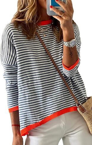 كنزة خريفية نسائية مخططة من Asskdan مصنوعة من القطن وأكمام طويلة كاجوال محبوكة in Kuwait