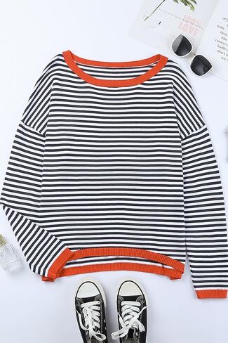 كنزة خريفية نسائية مخططة من Asskdan مصنوعة من القطن وأكمام طويلة كاجوال محبوكة in Kuwait