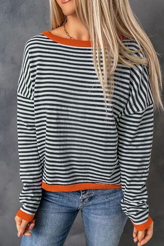 كنزة خريفية نسائية مخططة من Asskdan مصنوعة من القطن وأكمام طويلة كاجوال محبوكة in Kuwait