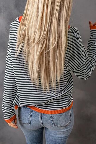 كنزة خريفية نسائية مخططة من Asskdan مصنوعة من القطن وأكمام طويلة كاجوال محبوكة in Kuwait