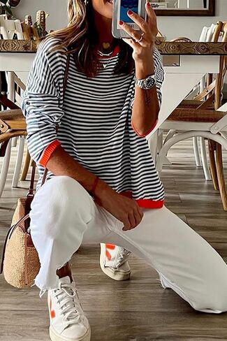 كنزة خريفية نسائية مخططة من Asskdan مصنوعة من القطن وأكمام طويلة كاجوال محبوكة in Kuwait