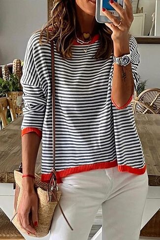 كنزة خريفية نسائية مخططة من Asskdan مصنوعة من القطن وأكمام طويلة كاجوال محبوكة in Kuwait