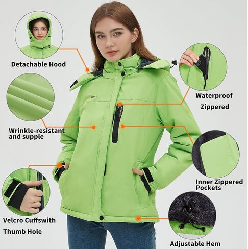 Kugnala Women‘s Waterproof Winter Jacket Skiing Warm Fleece Snow Coat Hooded Windproof Raincoat S-3XL in Kuwait