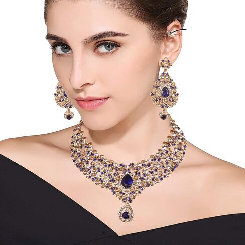 Touchstone Indian Bollywood Traditional Floral Theme White Rhinestone and Blue Faux Sapphire Bridal Designer Jewelry Necklace Set for Women in Antique Gold Tone in Saudi Arabia