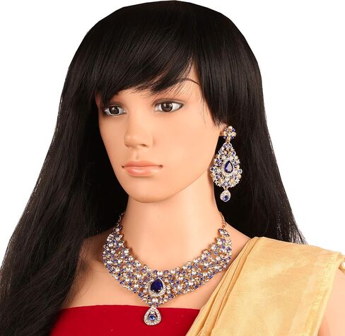 Touchstone Indian Bollywood Traditional Floral Theme White Rhinestone and Blue Faux Sapphire Bridal Designer Jewelry Necklace Set for Women in Antique Gold Tone in Saudi Arabia