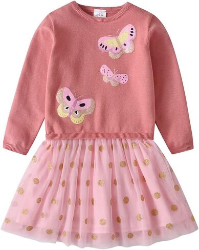VIKITA Girls Knitted Dress Long Sleeve Sweater Tutu Tulle Party Dresses Toddler Kids Birthday Outfit in Kuwait