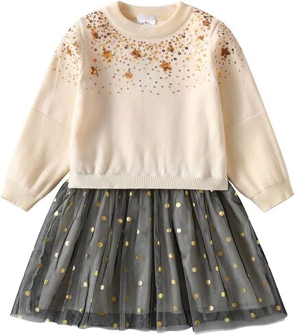 VIKITA Girls Knitted Dress Long Sleeve Sweater Tutu Tulle Party Dresses Toddler Kids Birthday Outfit in Saudi Arabia