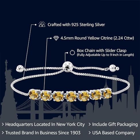 Gem Stone King 925 Sterling Silver Yellow Citrine Adjustable Women Tennis Bracelet For Women (2.24 Cttw, Round 4.5MM, Gemstone Birthstone, Adjustable up to 9 Inches) in Saudi Arabia