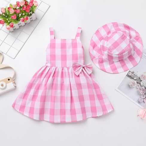 Baby Girl Pink Gingham Outfit Pink Plaid Dress with Hat Toddler Blue White Polka Dot Princess Dress Outfits in Kuwait