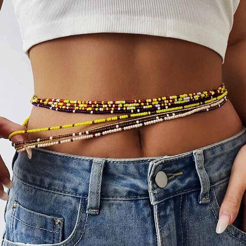 Waist Beads 9Pcs African Layered Ajustable Belly Chain Belly Beads WaistBeach Body chain Waist Jewelry for Women (B) in Kuwait
