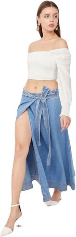 BLUE WHITE ® Blue Women's Casual Wrap Denim Skirt Low Waist Belted Split Front Long Jean Skirts in Saudi Arabia