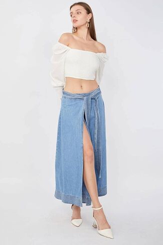 BLUE WHITE ® Blue Women's Casual Wrap Denim Skirt Low Waist Belted Split Front Long Jean Skirts in Saudi Arabia
