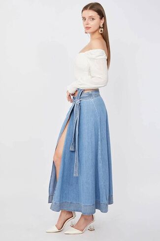 BLUE WHITE ® Blue Women's Casual Wrap Denim Skirt Low Waist Belted Split Front Long Jean Skirts in Saudi Arabia