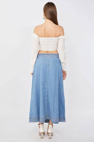 BLUE WHITE ® Blue Women's Casual Wrap Denim Skirt Low Waist Belted Split Front Long Jean Skirts in Saudi Arabia