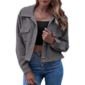 Bozanly Women's Fashion Cropped Button Down Corduroy Shirt Shacket Jacket Long Sleeve Crop Outerwear Tops