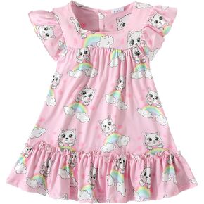 NUBEEHOHO Little Girls Summer Dress Flutter Sleeve Swing Toddler Sunflower Sresses Kids Pleated Tiered Sundress 1-7 Years