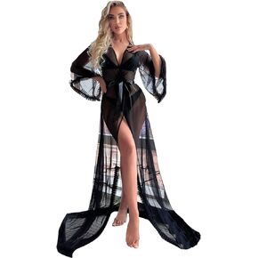 رداء نوم طويل للنساء من OYOANGLE بأكمام 3/4 مفتوح من الأمام وحزام نوم طويل لحفلات الزفاف وملابس النوم in Kuwait