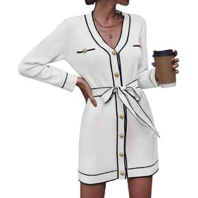 Meenew Women's Knitted Dress Chambray Tie Waist 2023 Autumn Casual Button Down Mini Dresses