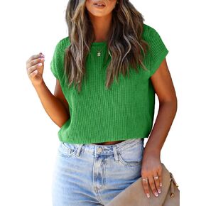 Saodimallsu Womens Cap Sleeve Crop Tops Summer Trendy Going Out Crew Neck Loose Knit Cropped Sweater Vest Tank Top