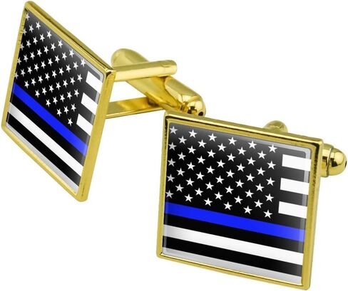 Thin Blue Line American Flag Square Cufflink Set - Silver or Gold in Saudi Arabia