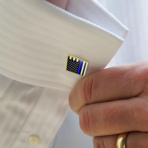 Thin Blue Line American Flag Square Cufflink Set - Silver or Gold in Saudi Arabia