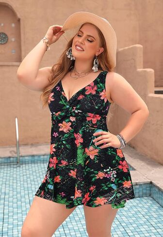 فستان سباحة مقاس كبير من ECUPPER للنساء ملابس سباحة متواضعة من قطعة واحدة ملابس سباحة دانتيل تنورة بدلة استحمام مع قيعان in Kuwait