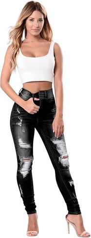 Women's High Waisted Butt Lift Stretch Ripped Skinny Jeans Juniors Distressed Button Down Jeans in Saudi Arabia