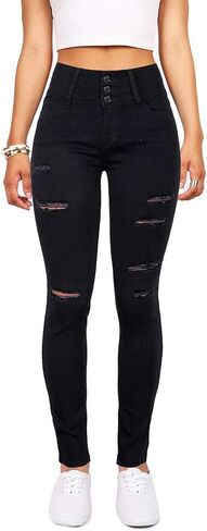 Women's High Waisted Butt Lift Stretch Ripped Skinny Jeans Juniors Distressed Button Down Jeans in Saudi Arabia