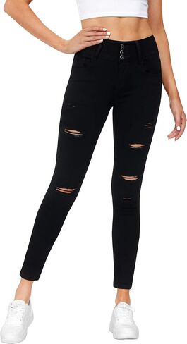 Women's High Waisted Butt Lift Stretch Ripped Skinny Jeans Juniors Distressed Button Down Jeans in Saudi Arabia