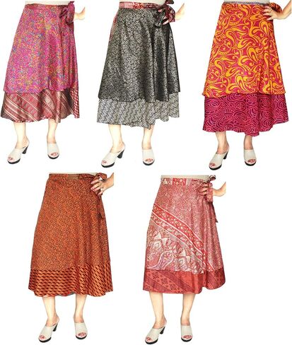 Wholesale 5 Pcs Lot Two Layers Women's Indian Sari Magic Wrap Skirt Multicolored in Saudi Arabia