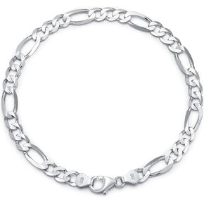 925 Sterling Silver Italian 4-5.5mm Figaro Link Chain Bracelet for Men & Women, Length 7-9 inch