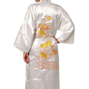 Chinese Men's Silk Satin Embroider Kimono Robe Gown Dragon (White, XXXL) in Saudi Arabia