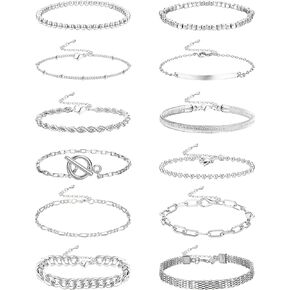 مجموعة أساور سلسلة ذهبية 12 قطعة من Fansilver للنساء، أساور سلسلة ربط مطلية بالذهب عيار 14 قيراط، أساور بوهو قابلة للتكديس، مشبك ورق، سوار الكفة الكوبية، مجموعة أساور سلسلة ربط مطرزة بطبقات in Kuwait