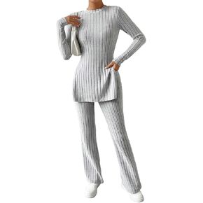 GORGLITTER Women's 2 Piece Outfit Slit Tee Shirt Tops Flare Wide Leg Pants Ribbed Knit Lounge Set in Saudi Arabia
