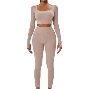 FINETOO مجموعات تجريب للنساء 2 قطعة ملابس اليوغا طويلة الأكمام سلس مضلع المحاصيل الأعلى عالية الخصر يغطي الرجل XS-L in Kuwait