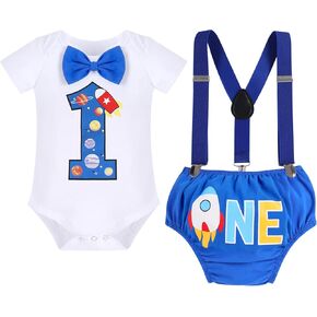 IBTOM CASTLE Space Theme Party Cake Smash Outfit Baby Boy 1st Birthday Gentleman Romper Shorts Suspenders 3PCS Clothes Set