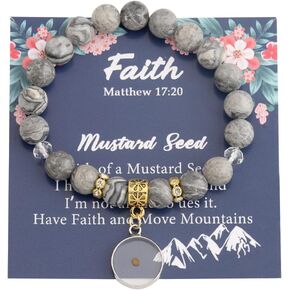 UJIMS Seed Faith Beads Elastic Bangle Faith Inspirational Message Card Gift Christian Gift Mustard Jewelry Seed Zipper