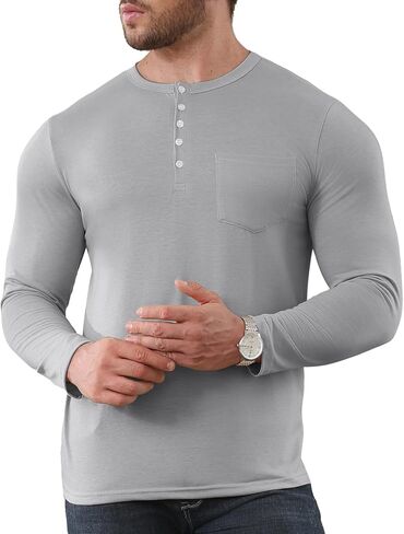 Men's Long Sleeve Henley Shirts Fshion Classic Basic Cotton T-Shirt with Pocket Lightweight 5 Button T Shirts in Saudi Arabia