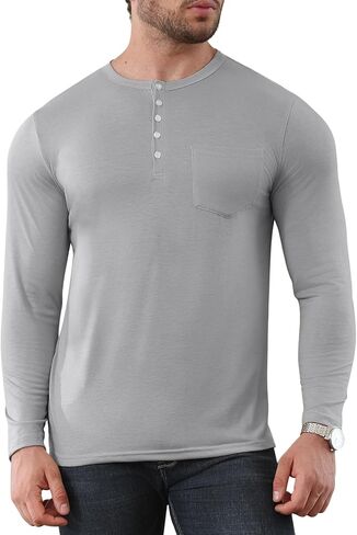 Men's Long Sleeve Henley Shirts Fshion Classic Basic Cotton T-Shirt with Pocket Lightweight 5 Button T Shirts in Saudi Arabia
