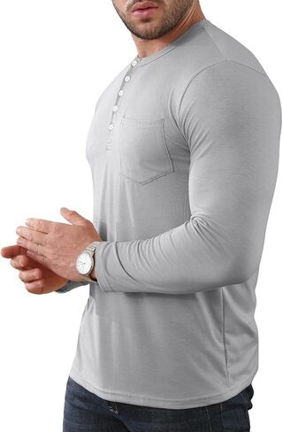 Men's Long Sleeve Henley Shirts Fshion Classic Basic Cotton T-Shirt with Pocket Lightweight 5 Button T Shirts in Saudi Arabia