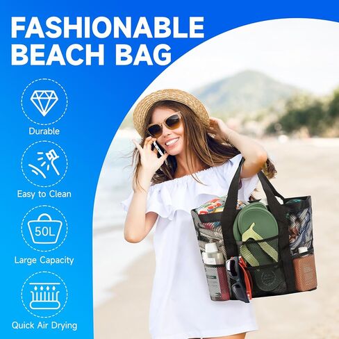 AGGUT Mesh Beach Bag,Beach Tote Bag for Women,Waterproof Sandproof Beach Tote with Mesh Makeup Bag Vacation Trip Essentials in Kuwait